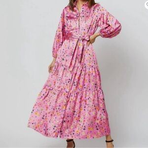 Pink silk Isla dress with belt.